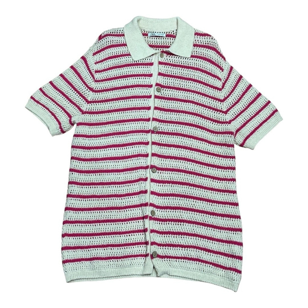 Zara Sweater Womens Medium Striped Button Up Short Sleeve Knit Collared Pullover